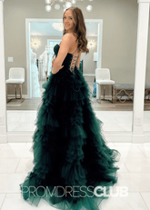 Elvira |A Line Dark Green Prom Dresses Long Sweetheart Tulle Tiered Corset - Dark Green - PromDressClub
